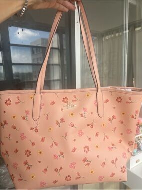 New Coach Peach Floral Tote with Pink and Yellow Blooms